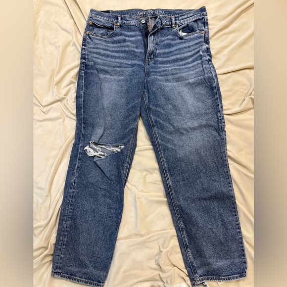 American Eagle Outfitters Blue Distressed Super High-Rise Straight Jeans - Picture 1 of 2